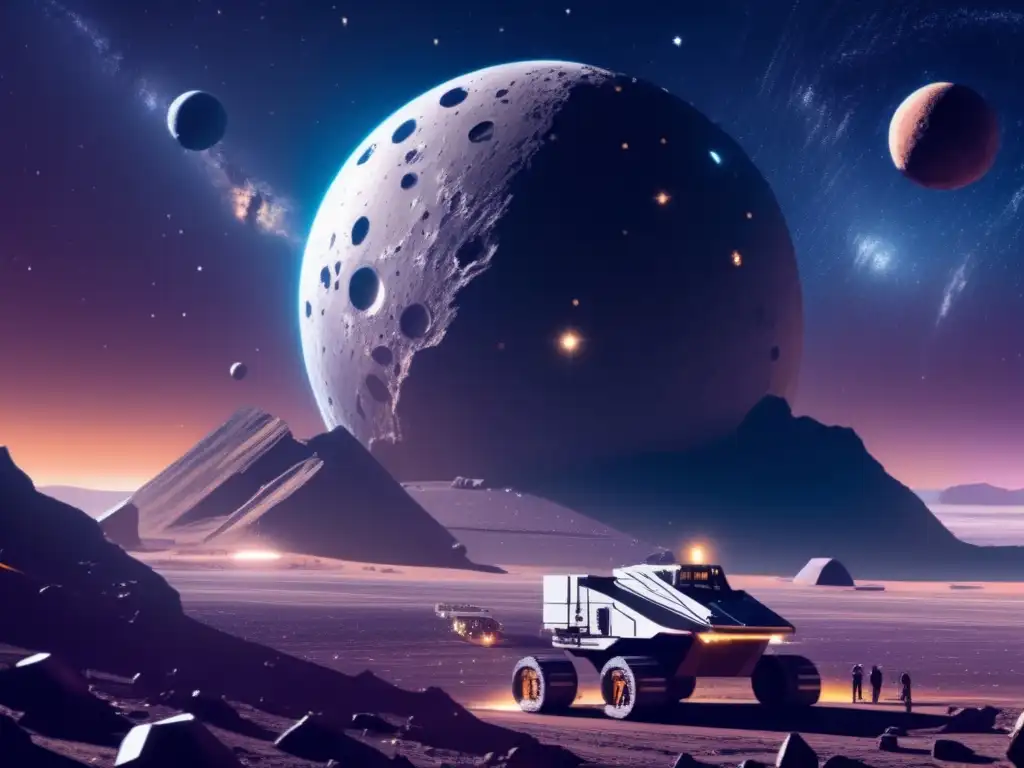 Oportunidades comerciales en minería espacial: escena futurista de una operación minera en un asteroide con alta tecnología y recursos valiosos