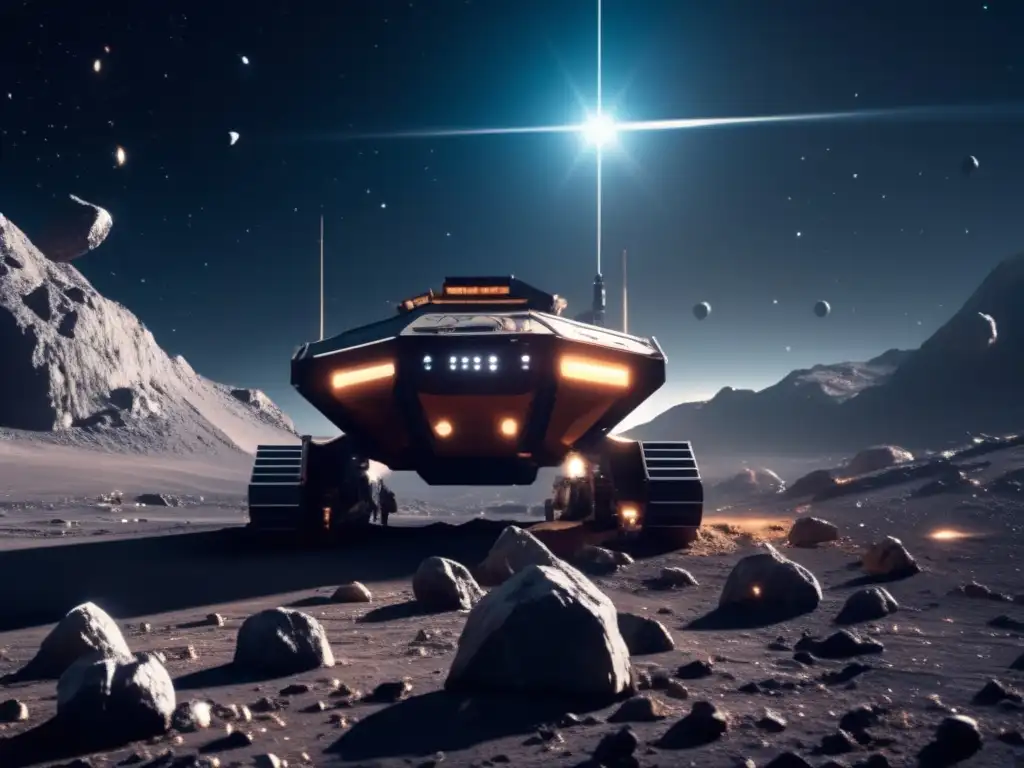 Oportunidades comerciales en minería espacial: Imagen de operación minera espacial futurista en un campo de asteroides
