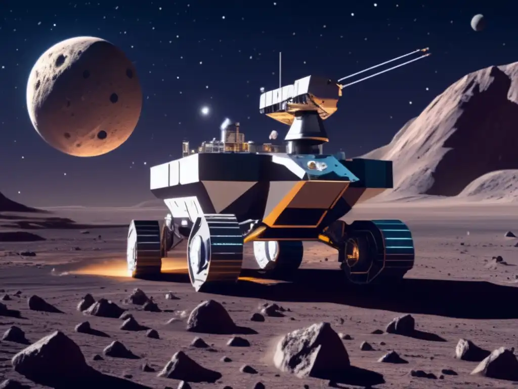 Minería espacial avanzada en asteroide Oportunidades económicas en asteroides: avanzada operación minera espacial, astronautas, nave minera y recursos valiosos