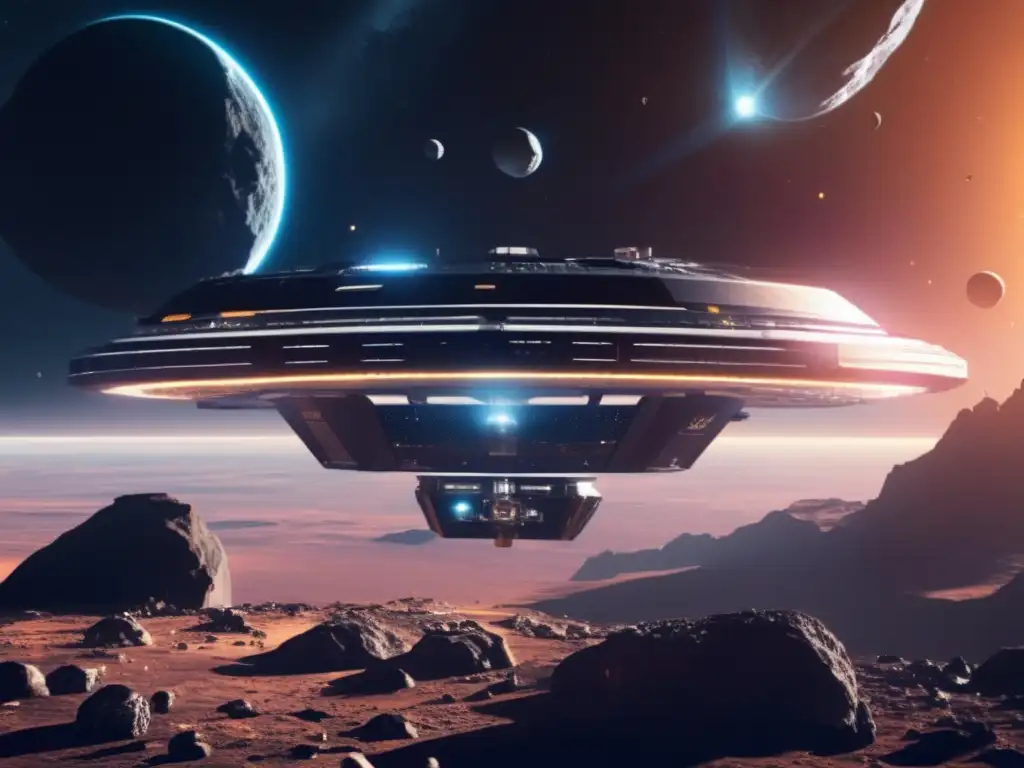 Estación espacial futurista y asteroide minero Oportunidades económicas en asteroides: estación espacial futurista orbitando asteroide, tecnología avanzada y minería espacial