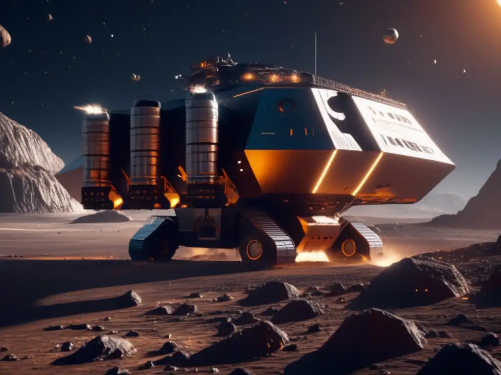Futuro minero en asteroide Oportunidades económicas en asteroides: mina futurista en un asteroide, tecnología avanzada y maravillas cósmicas