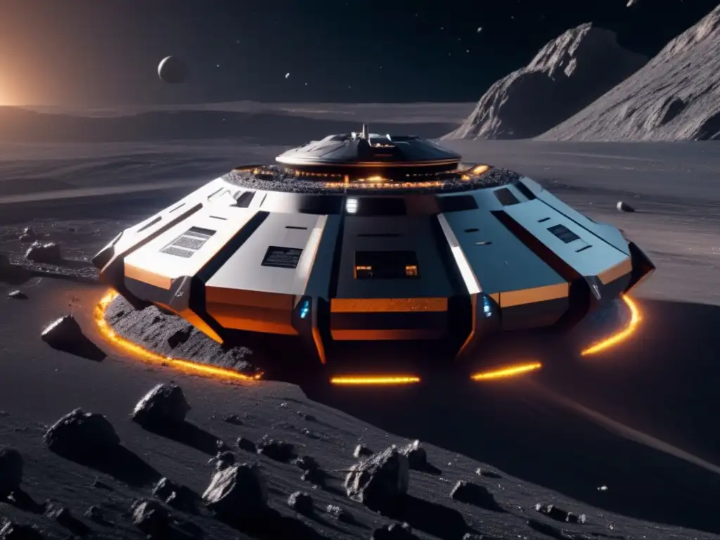 Oportunidades de inversión en asteroides basálticos: nave espacial minera futurista en operación minera avanzada en asteroide masivo