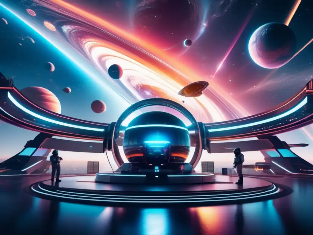 Oportunidades de inversión en asteroides: Estación espacial futurista en el espacio, científicos e iluminación multicolor