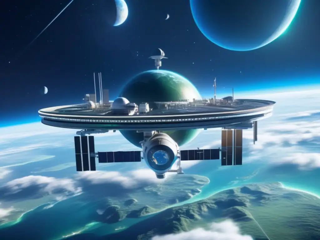 Oportunidades de inversión en asteroides: Estación espacial futurista, científicos analizando datos y planeta azul