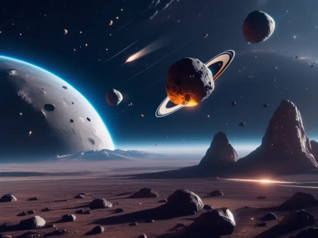 Oportunidades de inversión en asteroides: Estación espacial futurista y asteroides brillantes representan tecnología innovadora, potencial de riqueza y proyectos emocionantes