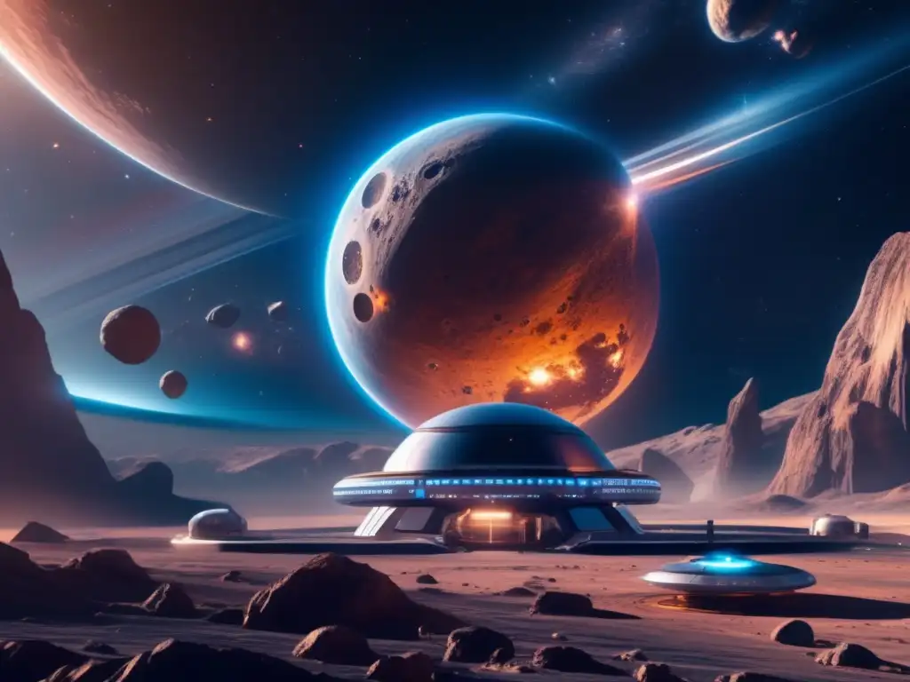 Estación espacial futurista en asteroide Oportunidades de inversión en asteroides: estación espacial futurista, asteroide masivo, astronautas en operaciones científicas y mineras