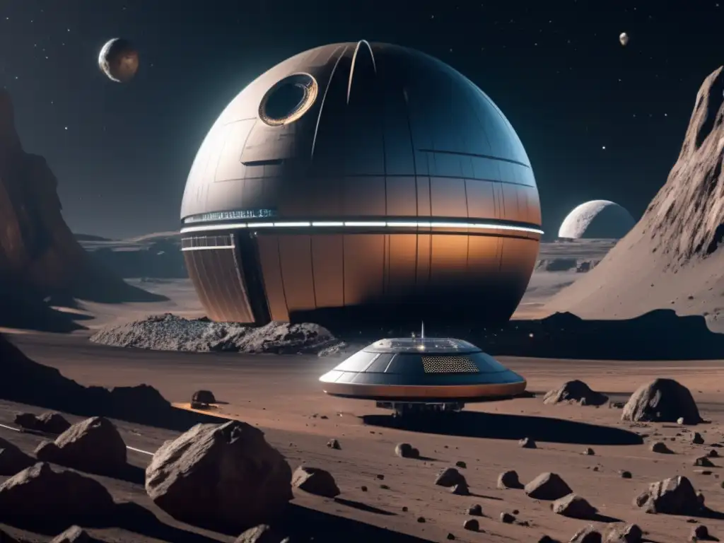 Oportunidades de inversión en asteroides: Futurista estación espacial minera orbita asteroide gigante, destacando su diseño y actividad minera