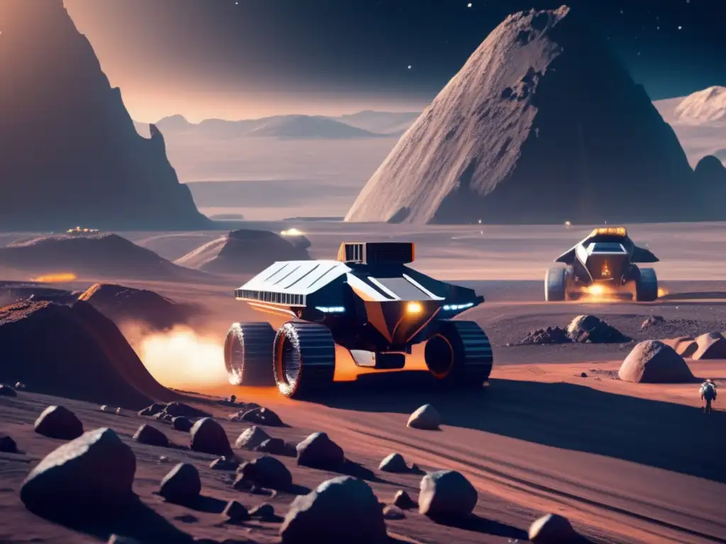 Oportunidades de inversión en asteroides: Futurista operación minera en asteroide con avanzada tecnología y ambiente único