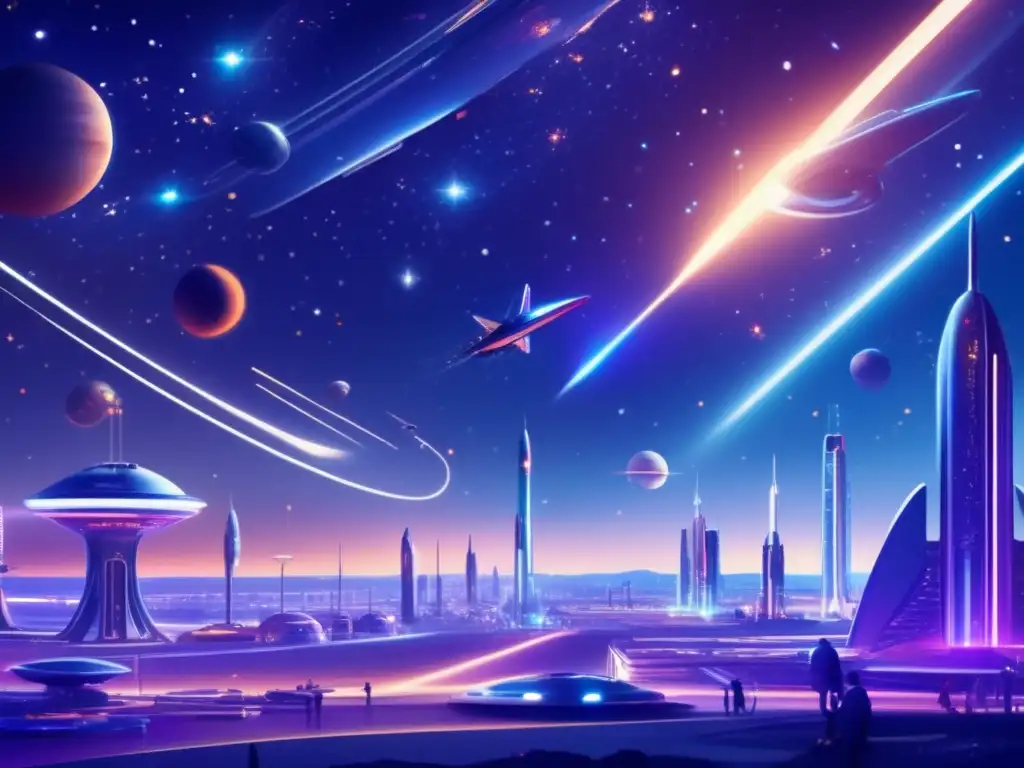 Paisaje estelar y minas en asteroide Oportunidades de inversión en asteroides: Panorama estrellado, espacioport futurista, minería y crecimiento económico