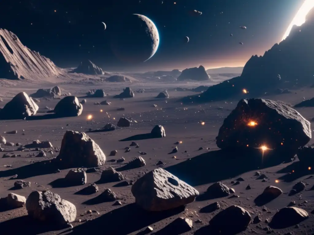 Campo de asteroides: Oportunidades de inversión Oportunidades de inversión en asteroides: vasto campo de asteroides en 8k con nave espacial minera futurista y tecnología avanzada