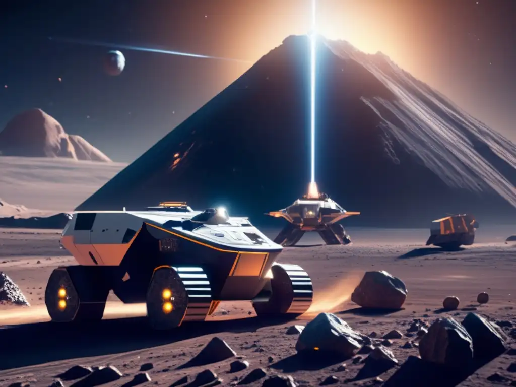 Operación minera espacial futurista en asteroide Oportunidades de inversión en asteroides: Operación minera espacial futurista en un asteroide, con vehículos robóticos y naves espaciales avanzadas