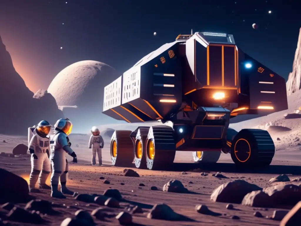 Minería espacial en asteroide Oportunidades de inversión en asteroides: operación minera futurista en un asteroide, con maquinaria robótica y astronautas supervisando