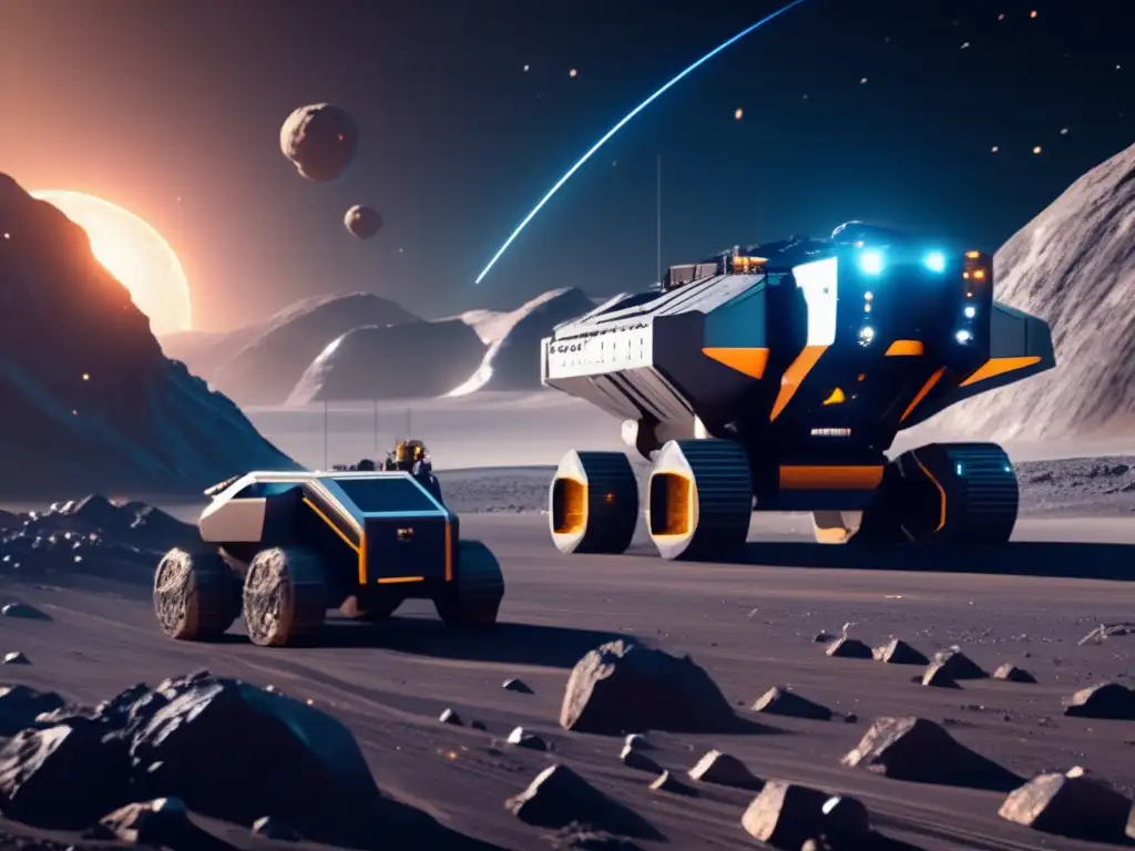 Oportunidades en minería de asteroides: escena futurista de operación minera espacial en asteroide, con maquinaria avanzada y drones robóticos