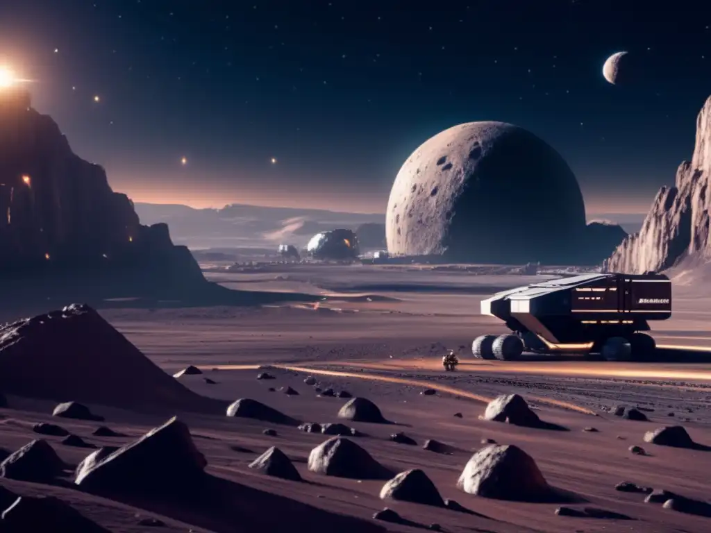Oportunidades de negocio en la minería de asteroides: Imagen 8K ultradetallada de una operación futurista de extracción de recursos en un asteroide