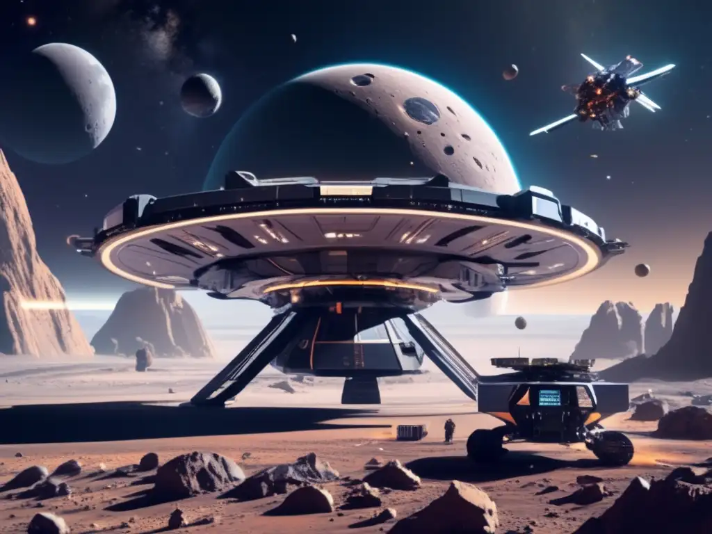 Estación espacial futurista en asteroide minero Órbitas asteroides no detectados: estación espacial futurista y asteroides con drones mineros en el espacio