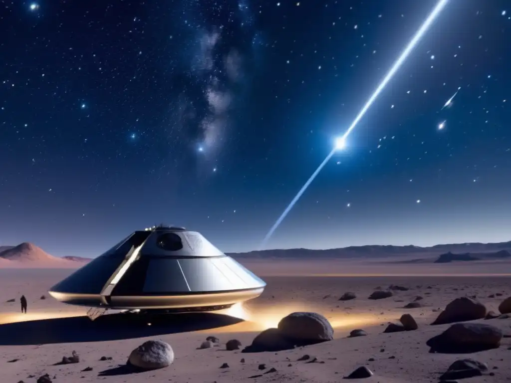 Exploración espacial: nave futurista en el cosmos Órbitas asteroides no detectados en la inmensidad estelar, nave espacial futurista iluminada en azul celestial