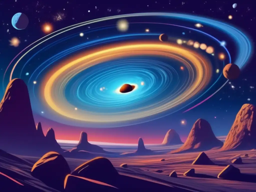 Asteroidas erráticos en el cosmos Órbitas de asteroides errantes en un cosmos deslumbrante, caóticas trayectorias y fuerzas gravitatorias crean un espectáculo visual