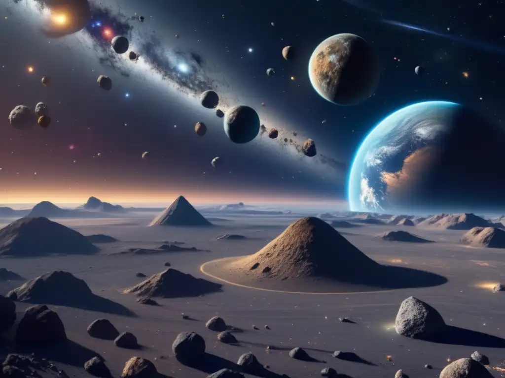 El peligroso ballet de asteroides Órbitas de asteroides peligrosos en espacio detallado 8k con la Tierra en la distancia