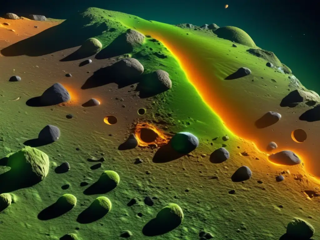 Detalle impresionante de asteroide S: composición única y compleja Composición y origen de asteroides S: imagen detallada de un asteroide con formaciones minerales y colores vibrantes