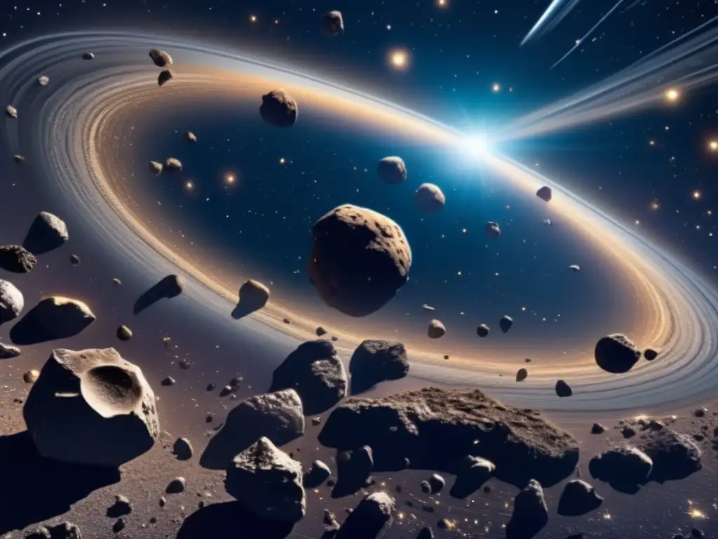 Cinturón de asteroides misterioso y vasto Origen de asteroides metálicos en el espacio: fascinante imagen de un cinturón de asteroides reflejando la luz estelar