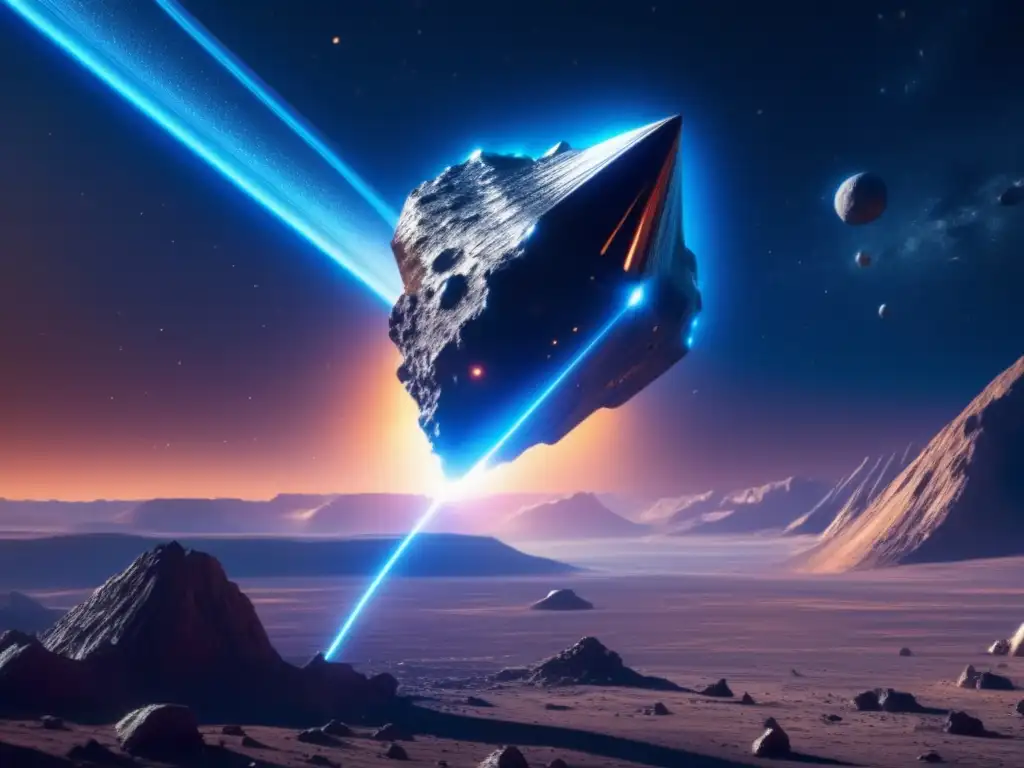 Futurística nave espacial sobre asteroide metálico Origen de los asteroides metálicos: Nave futurista frente a asteroide metálico gigante