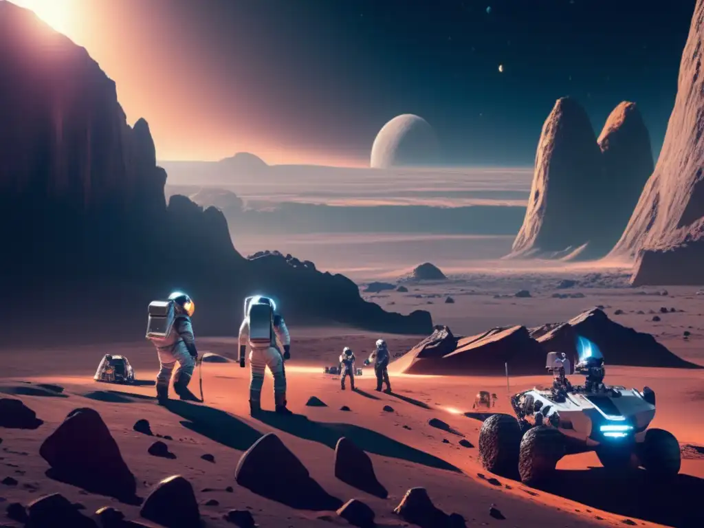 Paisaje alienígena en asteroide con científicos investigando bioactivos y minerales - Asteroides y biotecnología revolucionaria