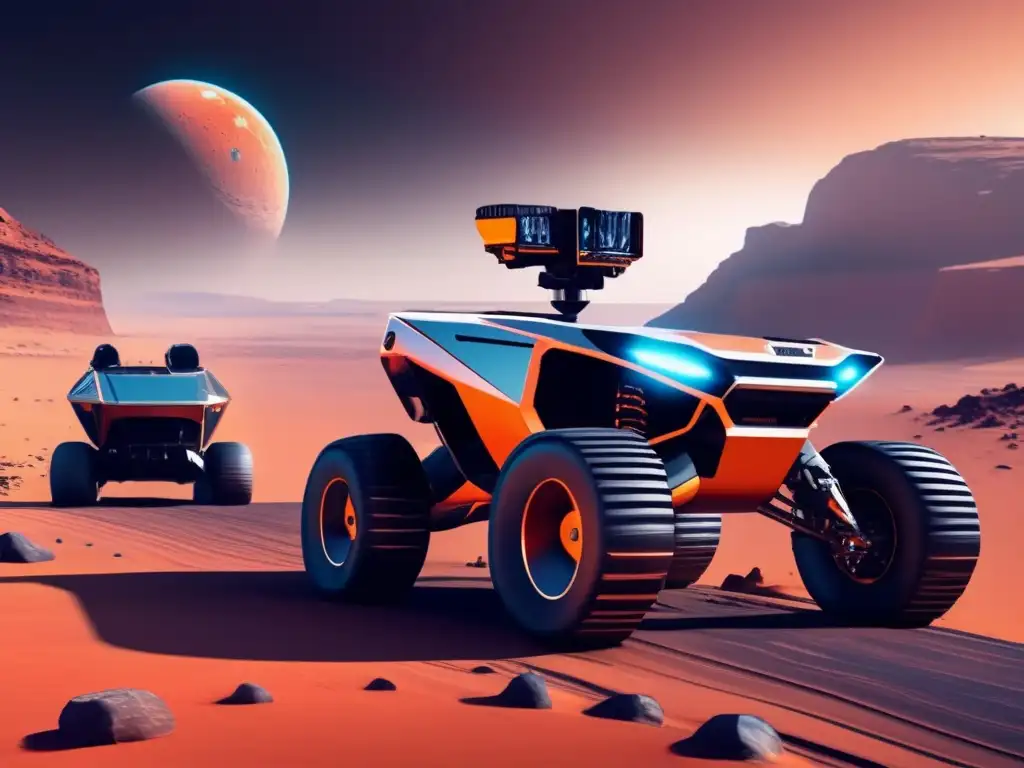Rover futurista en planeta alienígena Rover autónomo explorando paisaje alienígena: Exploración espacial con vehículos autónomos