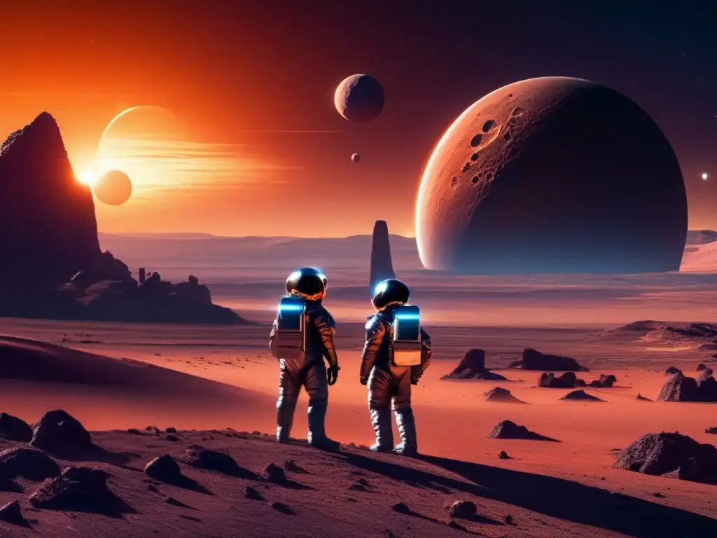 Paisaje alienígena con científicos investigando Paisaje alienígena con meteoritos: ¿Vida en otros planetas?