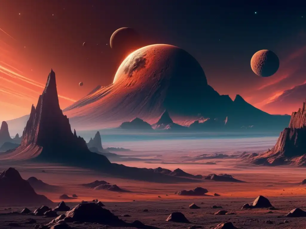 Planeta desolado con asteroides y ruinas Paisaje alienígena: Descifrando misterios planetas extinguidos