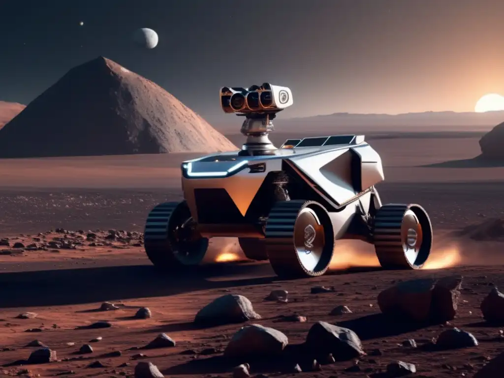Rover autónomo en paisaje estéril del asteroide Rover autónomo en paisaje asteroide: exploración espacial con vehículos autónomos
