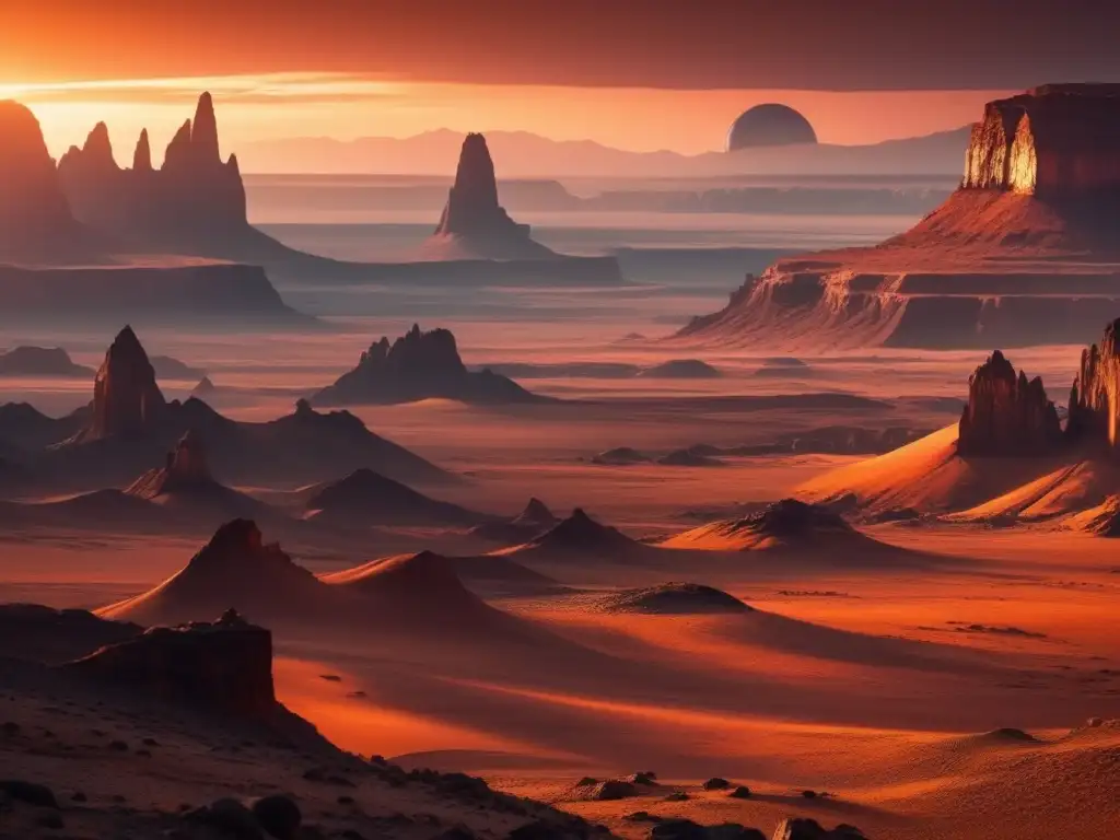Paisaje alienígena con doble atardecer Paisaje celestial con formaciones rocosas, acantilados majestuosos y un meteorito: