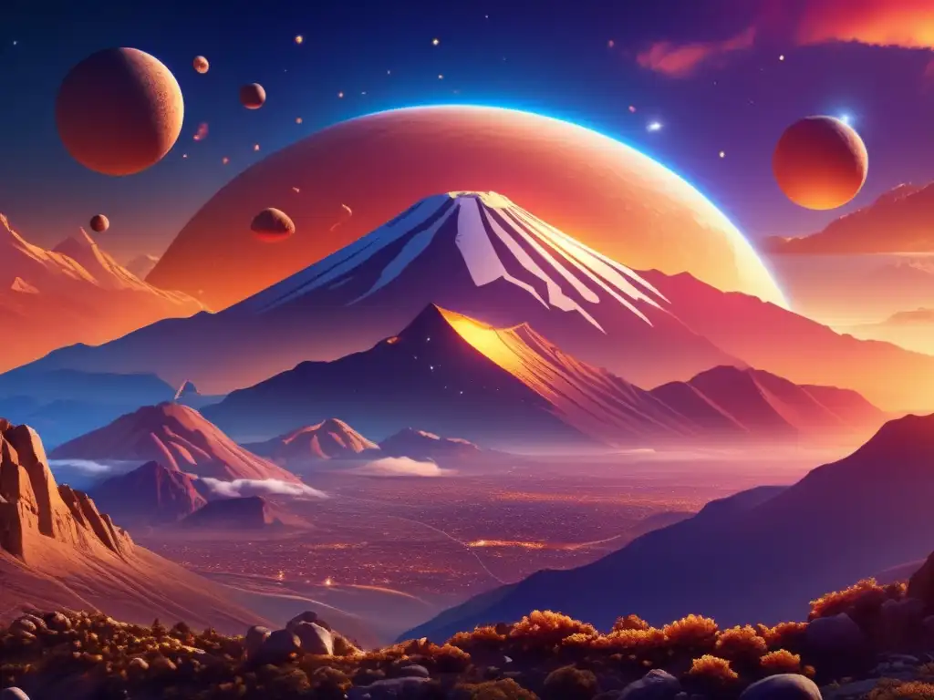Paisaje celeste con Montaña Olympus y asteroides de dioses griegos Paisaje celestial con monte Olimpo y asteroides representando dioses del Olimpo