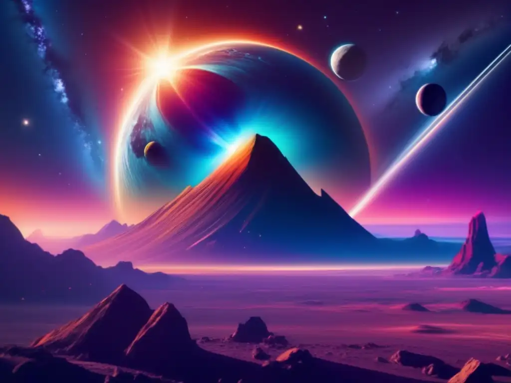 Paisaje cósmico con asteroide enorme y planetas: Exploración de asteroides en el universo