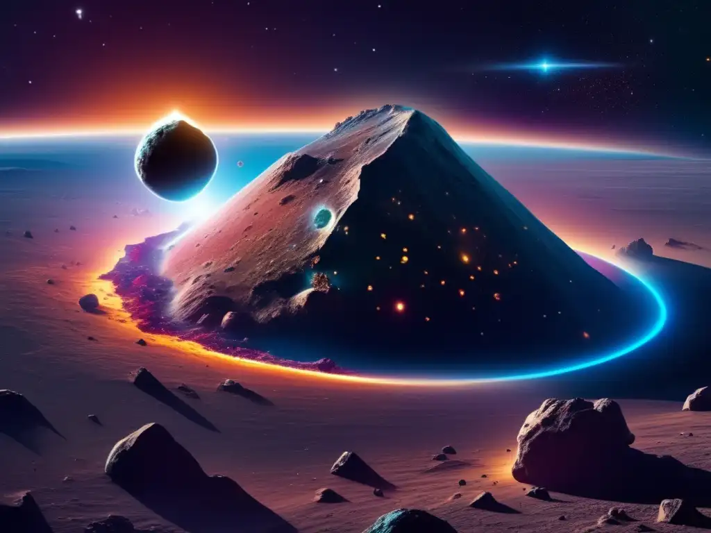 Paisaje cósmico con asteroide recién descubierto y minería espacial en asteroides nuevos (110 caracteres)