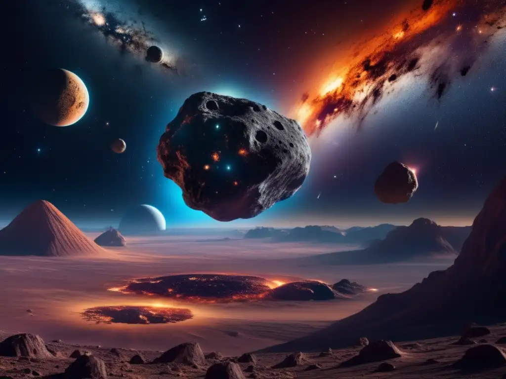 Majestuoso paisaje cósmico y asteroide oscuro Paisaje cósmico con asteroide tipo C y tiempo, galaxia espiral y estrellas