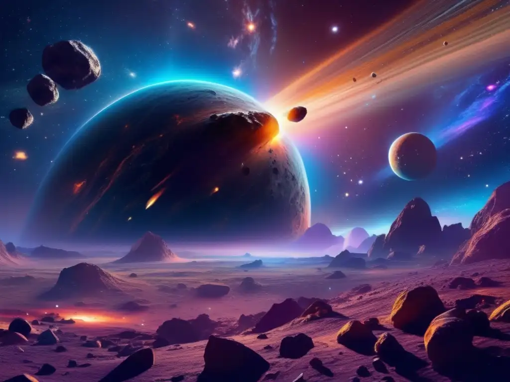 Paisaje cósmico con asteroides, cometas y nebulosa Paisaje cósmico con asteroides y cometas, destacando la conexión entre asteroides tipo D y cometas