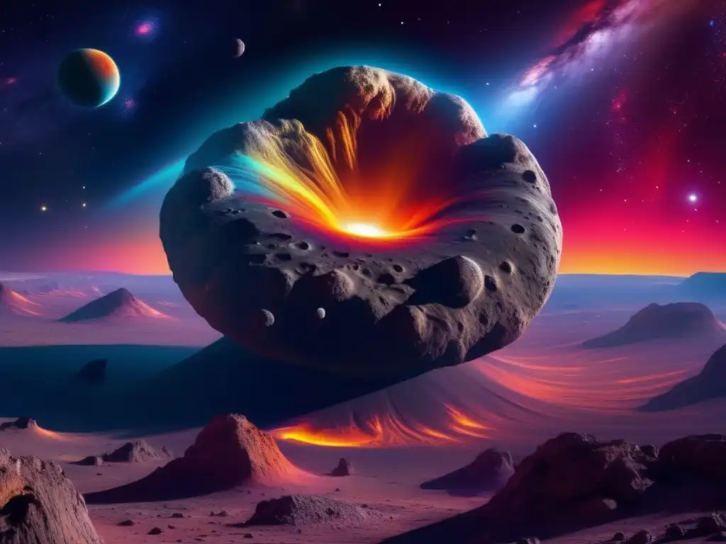 Impresionante paisaje cósmico con asteroide y nubes de polvo intergaláctico Paisaje cósmico con asteroides: enseñanzas sobre incertidumbre y destino