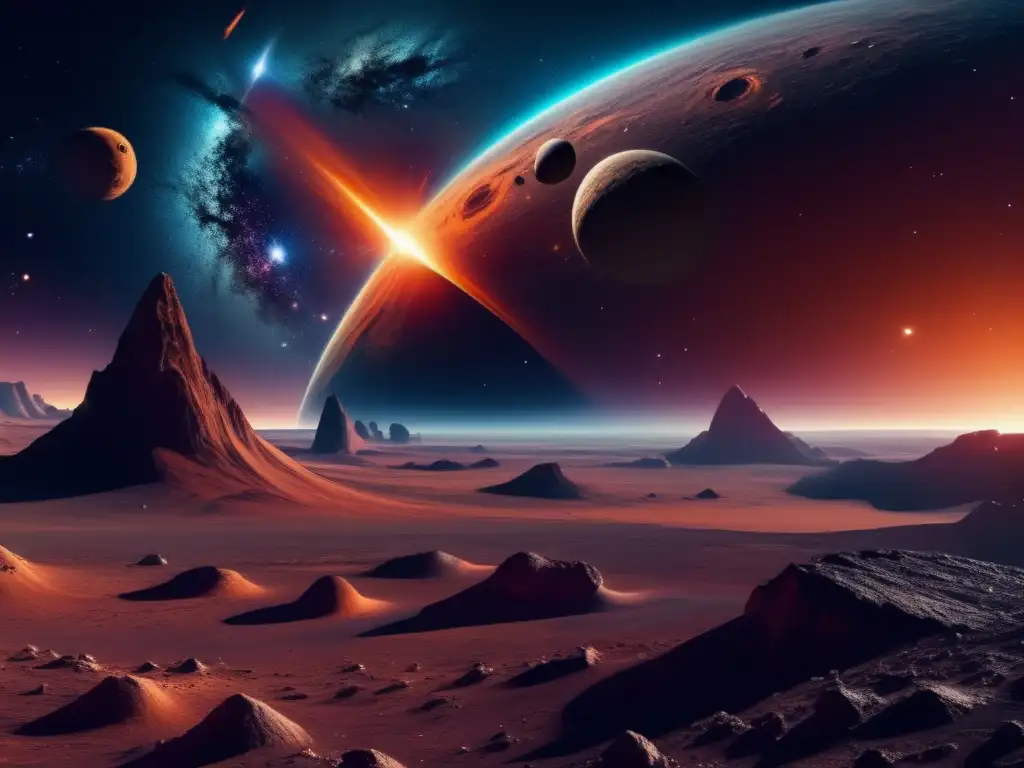 Paisaje cósmico: asteroides y nebulosa Paisaje cósmico: asteroides irregulares, vida extraterrestre