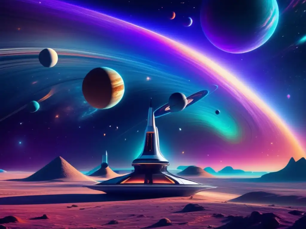Paisaje cósmico con nave espacial futurista Paisaje cósmico con colores vibrantes y nave espacial futurista buscando meteoritos y vida en otros planetas