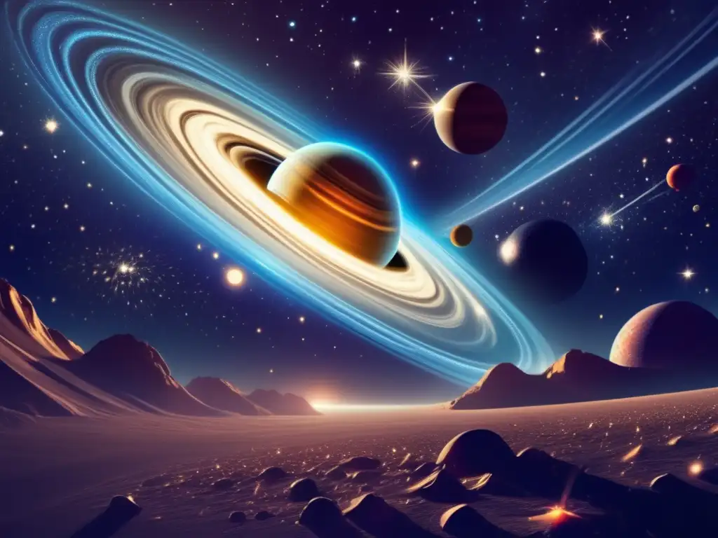 Majestuoso paisaje cósmico con cometa y astros Paisaje cósmico con cuerpos celestes y trayectorias en tonos azules y púrpuras - Legislación incidentes trayectoria cuerpos celestes
