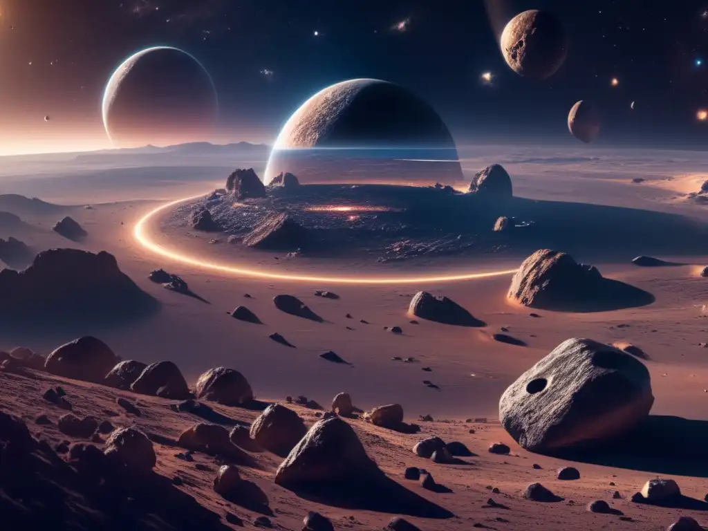 Paisaje cósmico estrellado con asteroide, estaciones espaciales futuristas y exploración ética de propiedad de asteroides