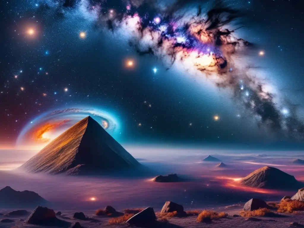 Impresionante paisaje cósmico con galaxia y asteroides Paisaje cósmico con galaxia y estrellas, colores vibrantes y asteroides: regulaciones de propiedad de asteroides