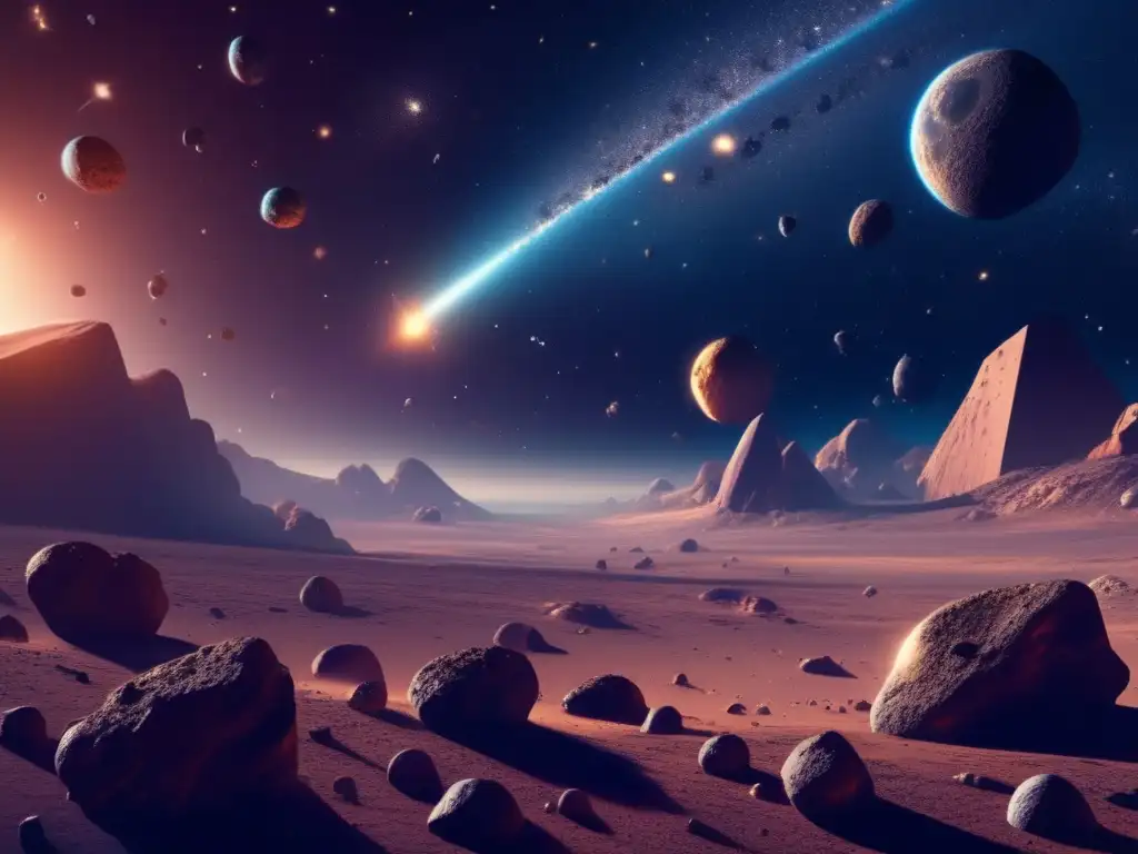Cosmos lleno de asteroides, belleza y dinamismo Paisaje cósmico con múltiples asteroides revela origen del universo