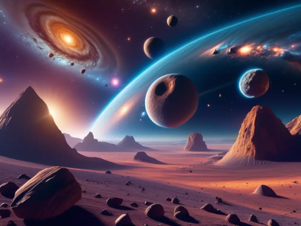 Paisaje cósmico con nebulosa brillante y dos asteroides binarios: Exploración de asteroides binarios