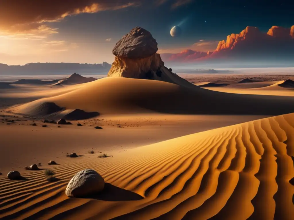 Desierto con asteroide C: historia, ciencia y cultura Paisaje desértico con asteroide tipo C y arqueólogos, impacto cultural de asteroides tipo C