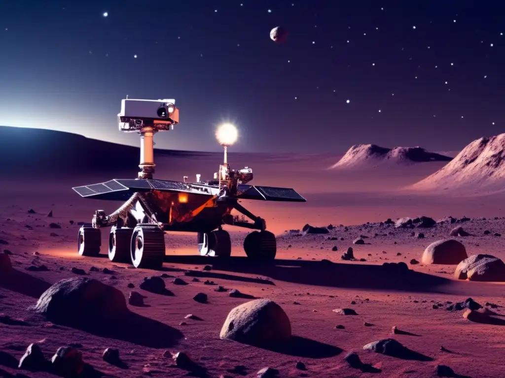 Paisaje desolado de asteroide con rover científico explorando compuestos orgánicos (110 caracteres)