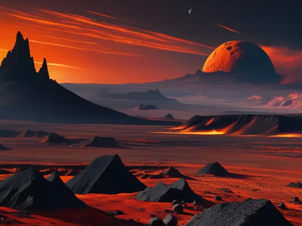 Paisaje desolado con asteroides basálticos y eventos históricos