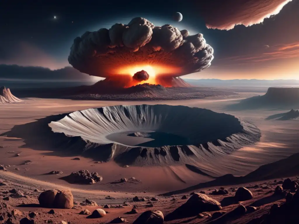 Paisaje desolado con cráter de asteroide Paisaje desolado con cráter de asteroide rodeado de terreno rocoso y científicos explorando - Exploración de asteroides para astrobiología