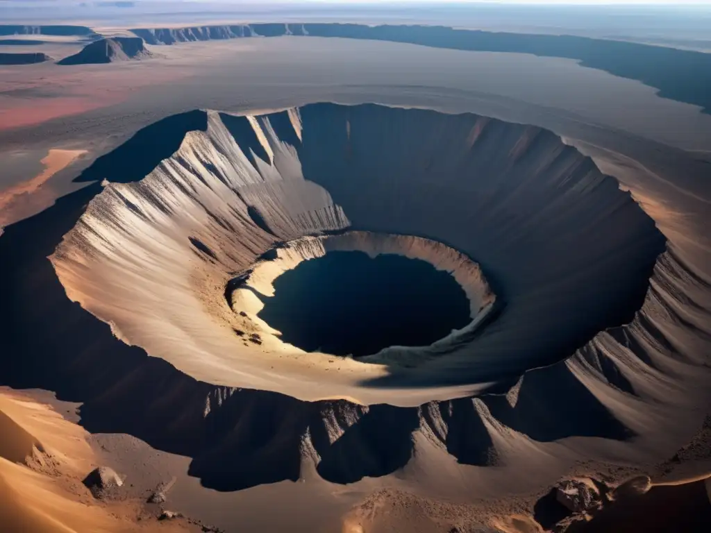 Impresionante paisaje desolado con un gran cráter en el centro Paisaje desolado con crater central rodeado de terreno irregular y sombras largas