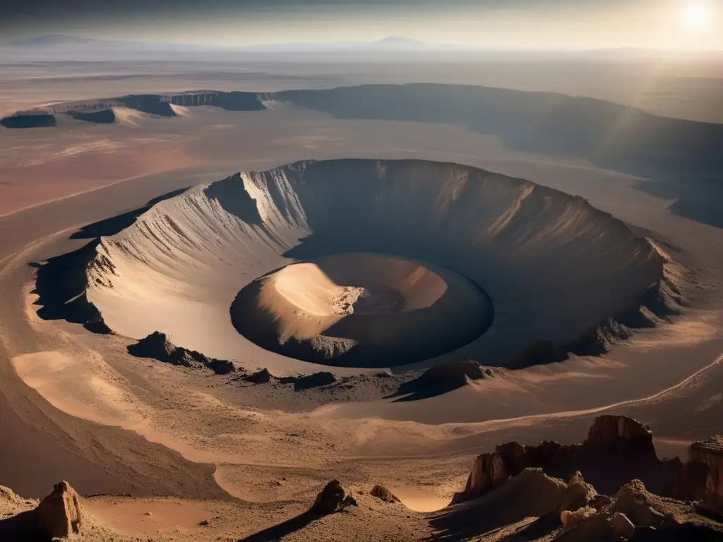 Paisaje desolado tras impacto de asteroide Paisaje desolado con gran cráter central, resaltando impacto de asteroides y exploración de recursos en asteroides